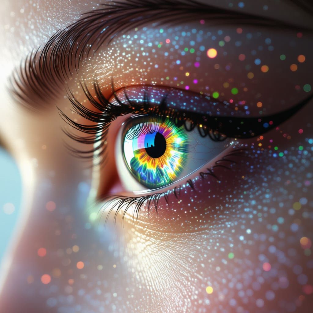 Macro Eye with Iridescent Particles in Futuristic Style