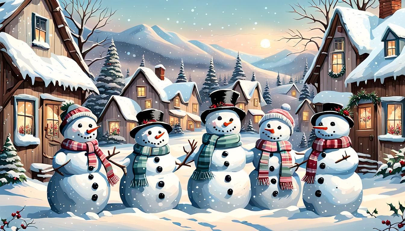 Shabby Chic Snowman Family in Winter Village