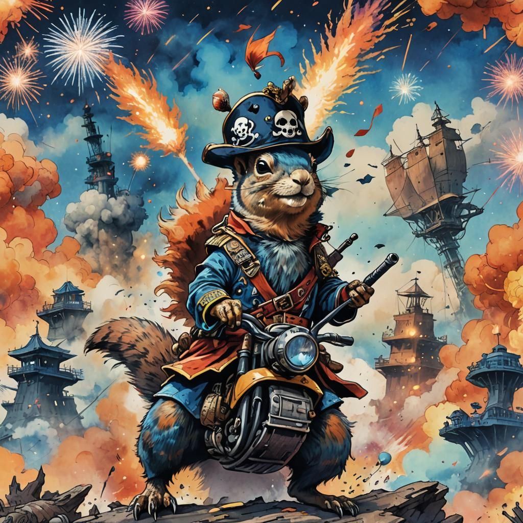 Pirate Squirrel Rides T-Rex in Japanese Ink Painting