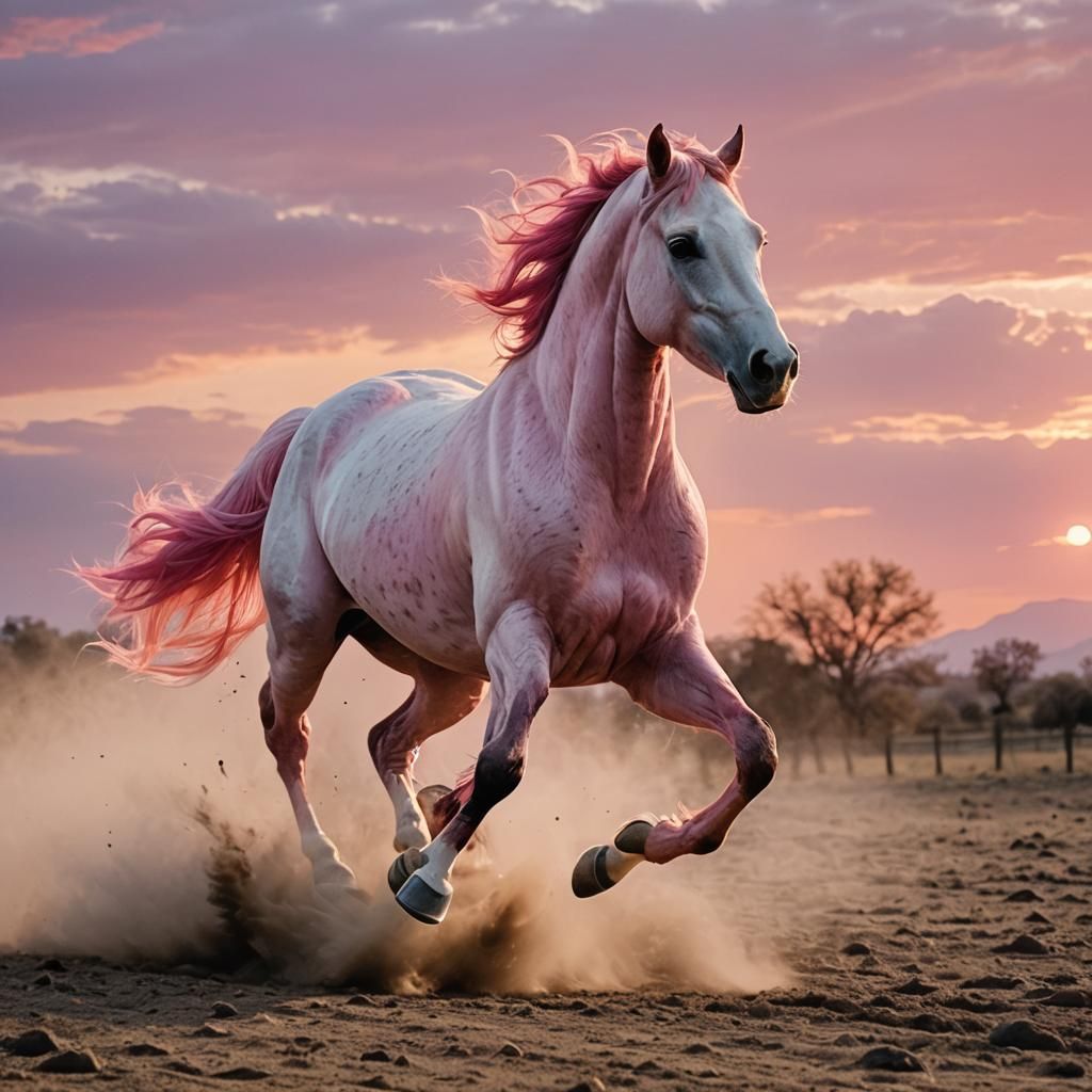 Pink Horse Running at Sunset: AI Generated