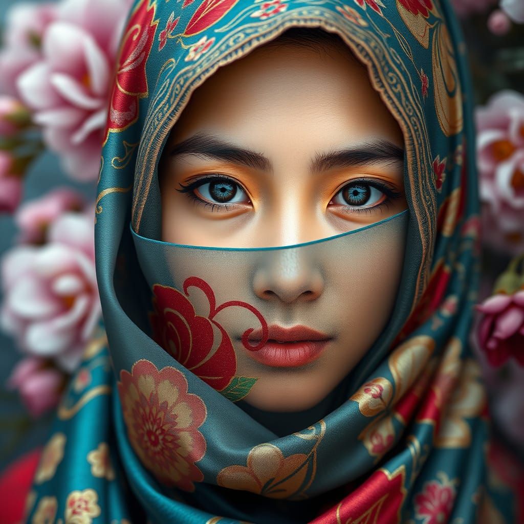 An Uyghur young woman wearing Uyghur-style hijab.