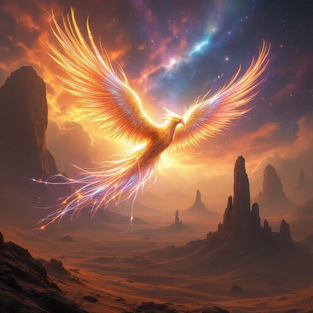 Iridescent Phoenix Soaring Over Alien Desert