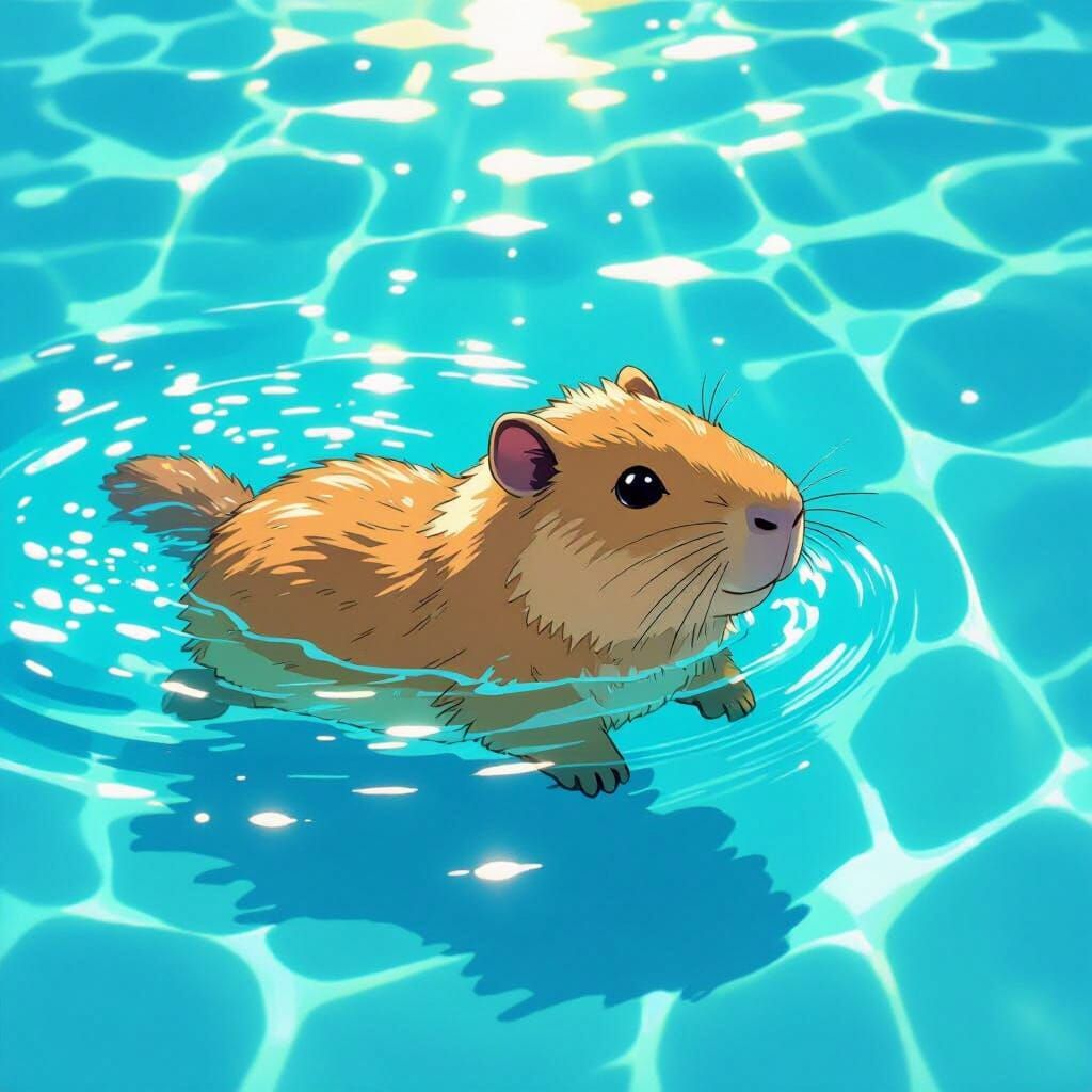 Fluffy Capybara Swims in Sunny Sea