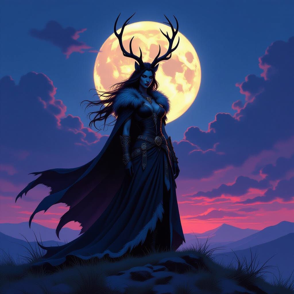 Female Hircine atop Hill at Twilight - Dark Fantasy Illustra...
