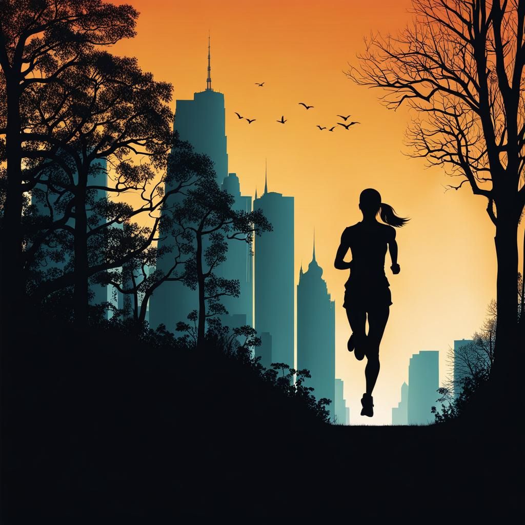 Silhouette of Woman Running from Woods to City