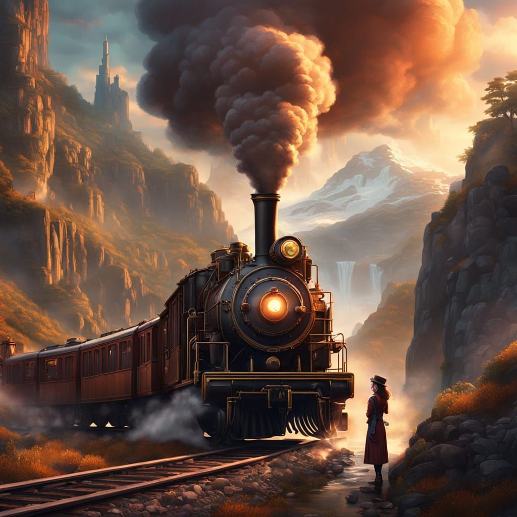 Steam Punk Girl Boards Elegant Steamtrain in Majestic Mounta...