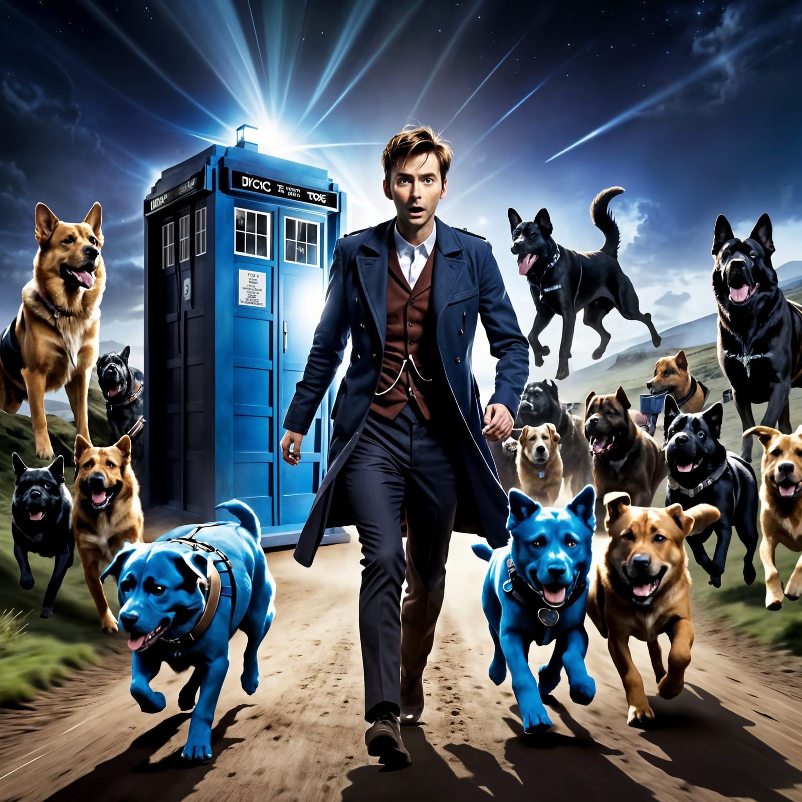 Doctor Who Looks on as Dogs Run Out of Tardis in Whimsical C...