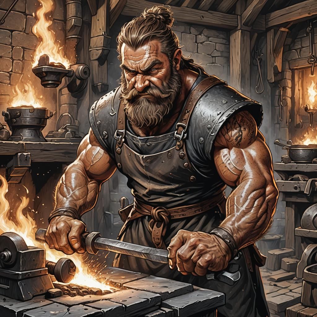Dwarf Blacksmith at Forge: Renaissance-Inspired Digital Art