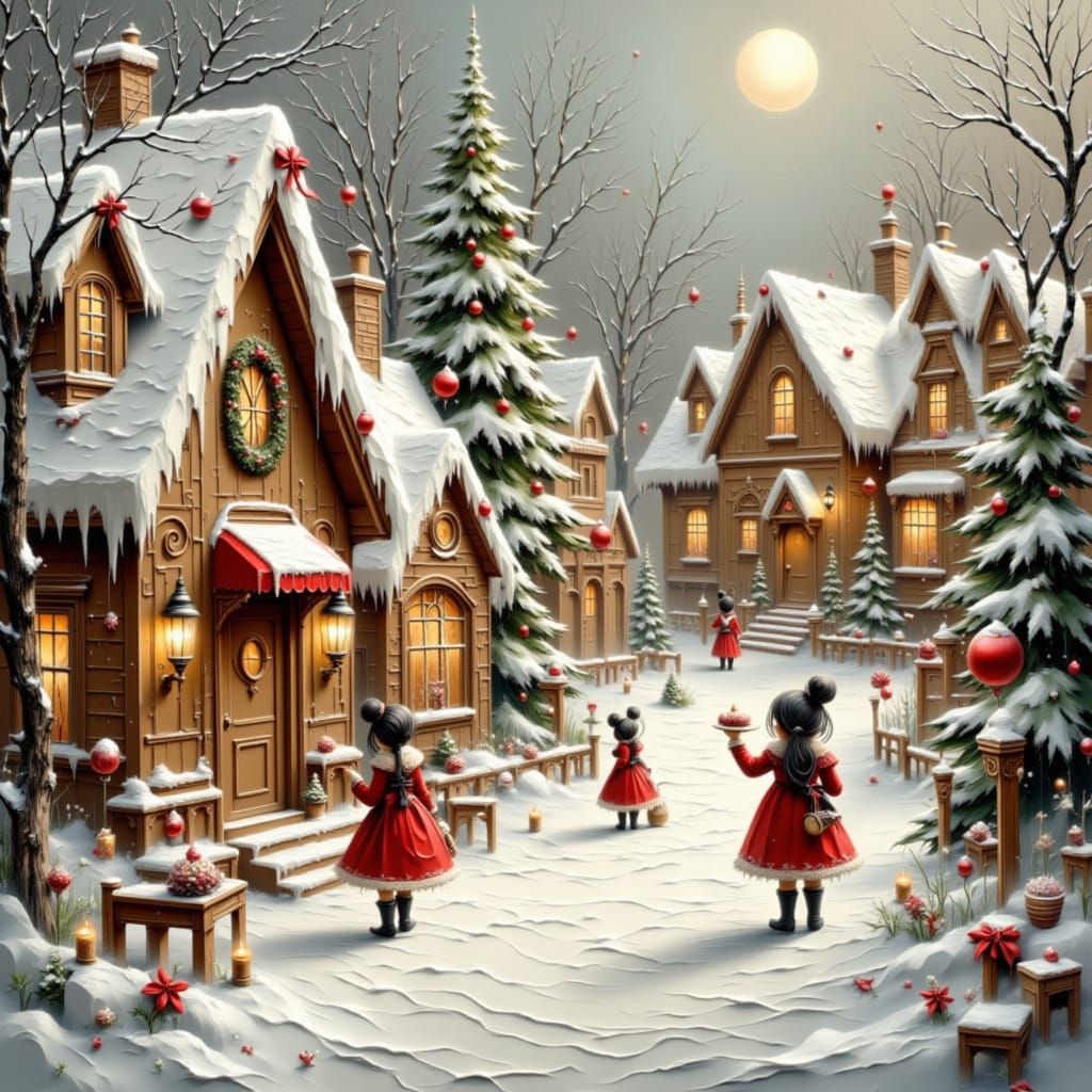 Whimsical Gingerbread Village with Elves & Fairies