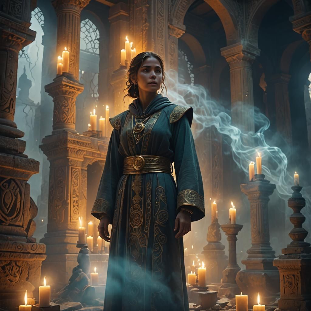 Regal Figure in Ruined Temple with Golden Light