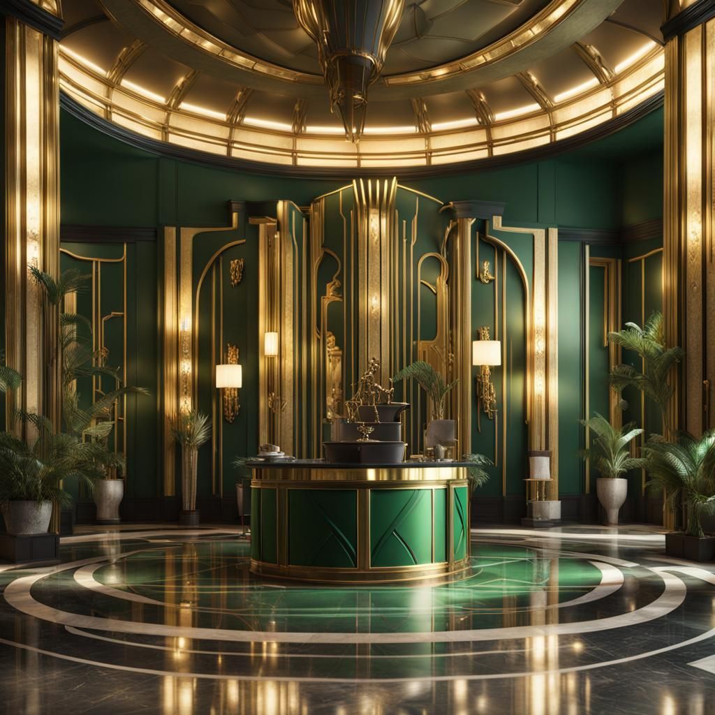 Art Deco Hotel Lobby in Gold and Green