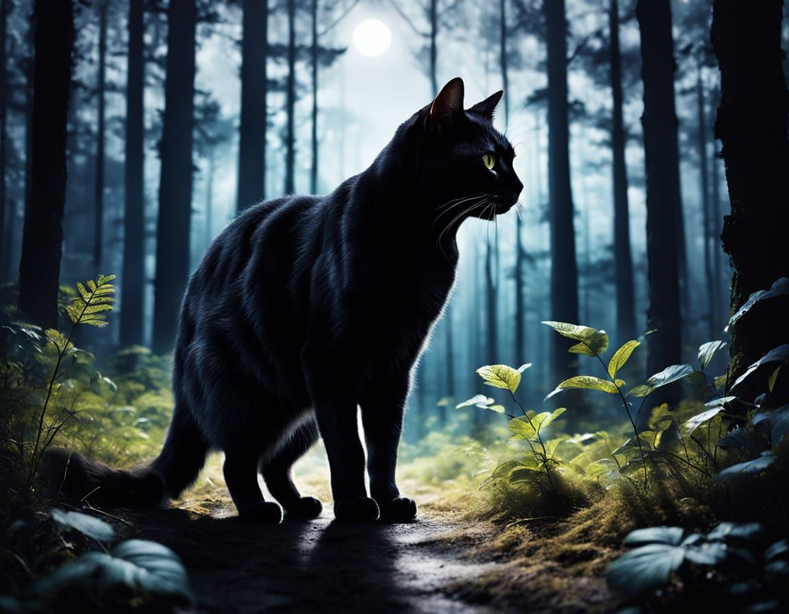 Midnight Forest Feline Silhouette in Double Exposure