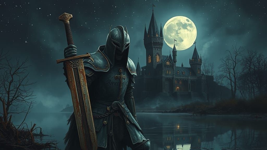 Zombie Knight Guarding Castle on Moonlit Night