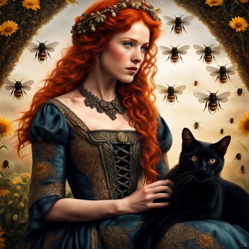 Celtic Woman with Cat and Bees: Hyperrealistic HDR