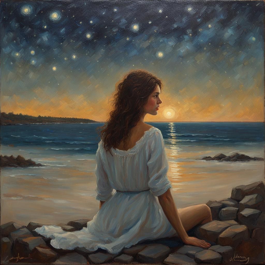 Woman by Starry Sea: Oil Painting