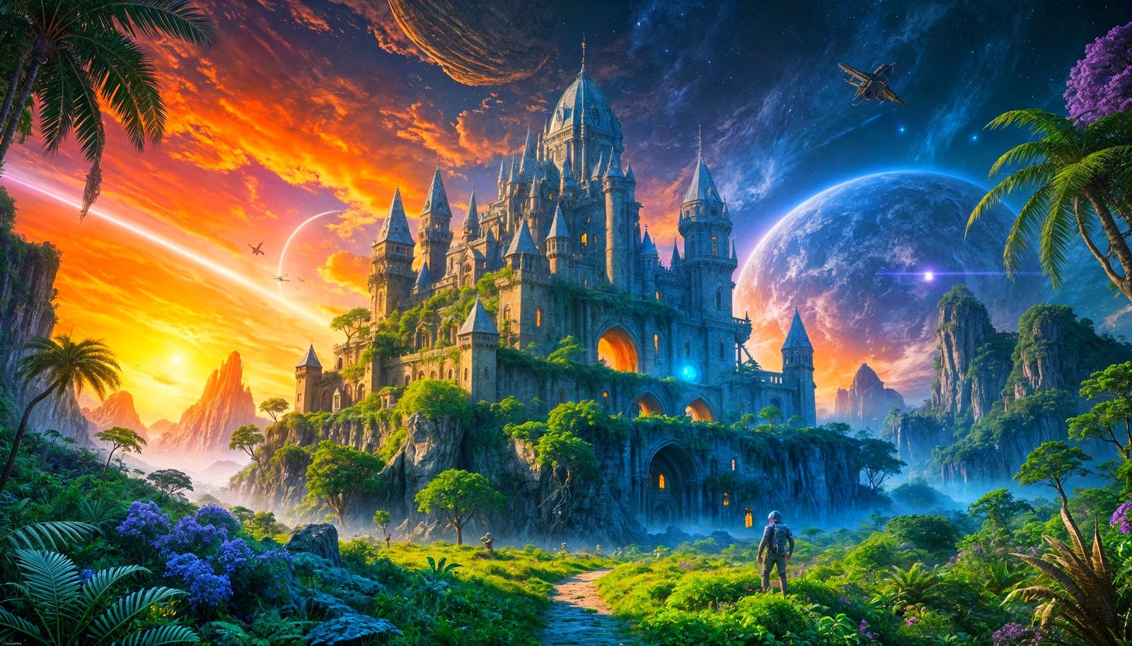 Astronaut Discovers Ancient Castle in Vibrant Alien Jungle