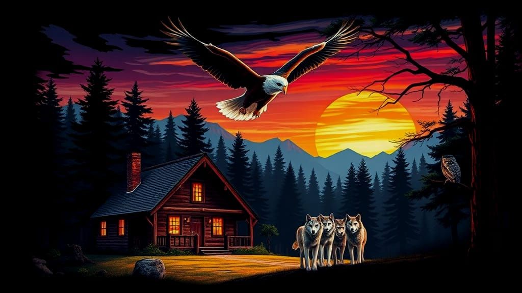 Airbrushed Cabin Scene at Sunset with Wildlife