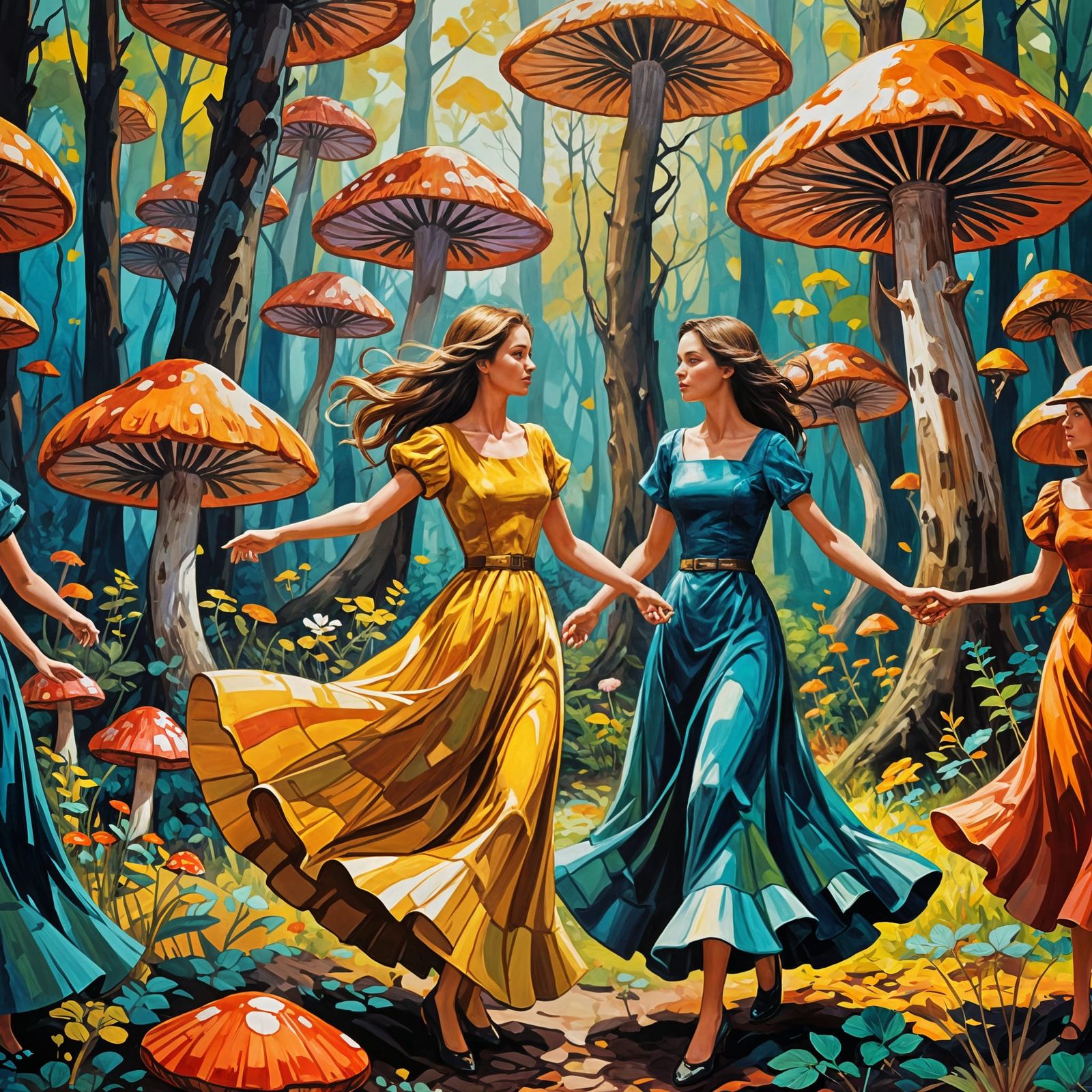 Beautiful Women in a Giant Mushroom Grove