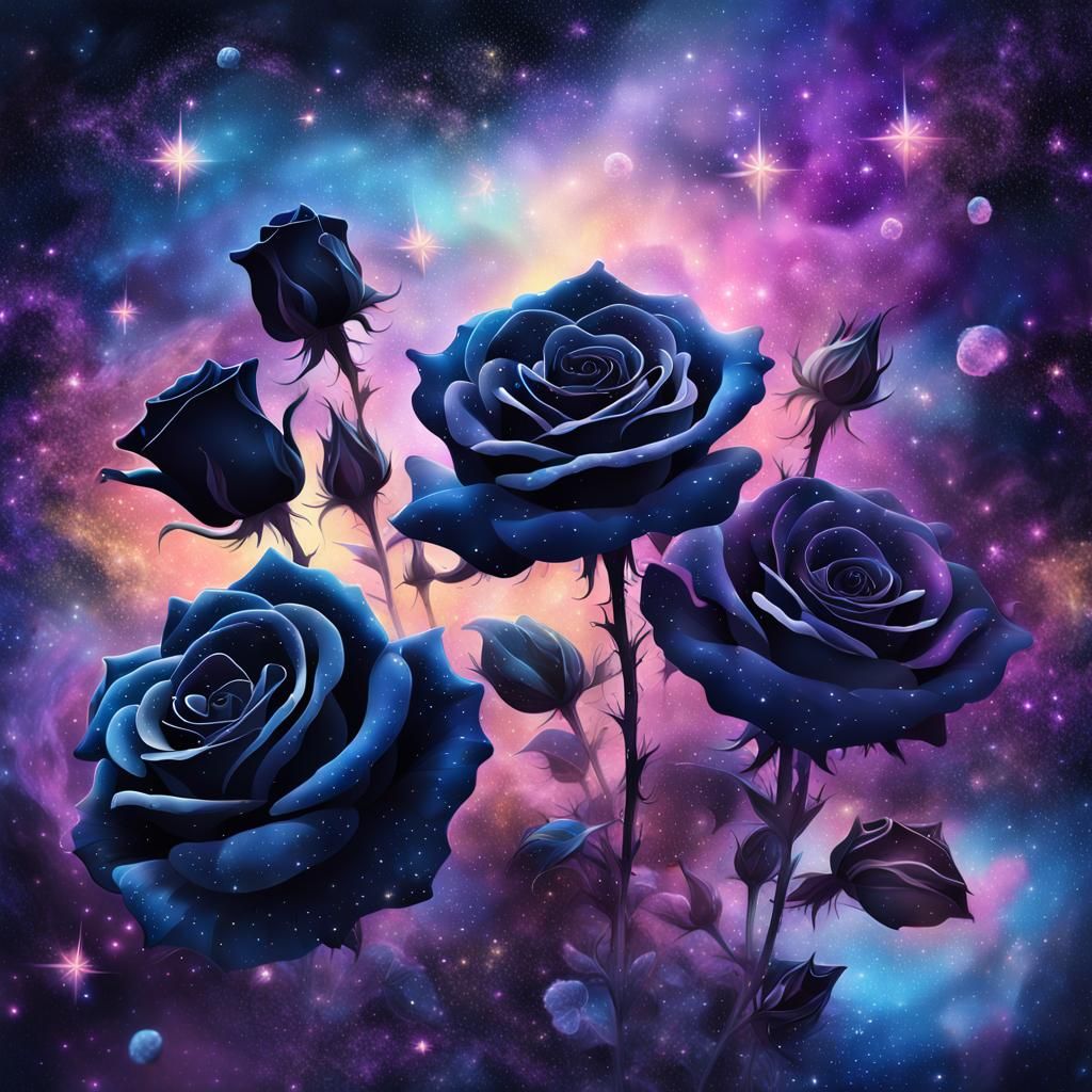 Surreal Black Roses Bloom in Cosmic Mysticism
