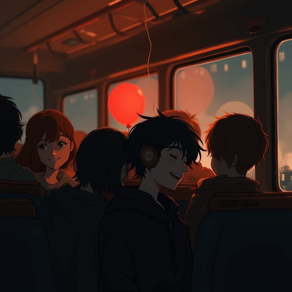 Night Minibus Scene with Teenager and Balloon