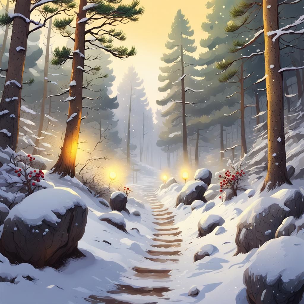 Snowy Forest Path with Yellow Light: Anime Style