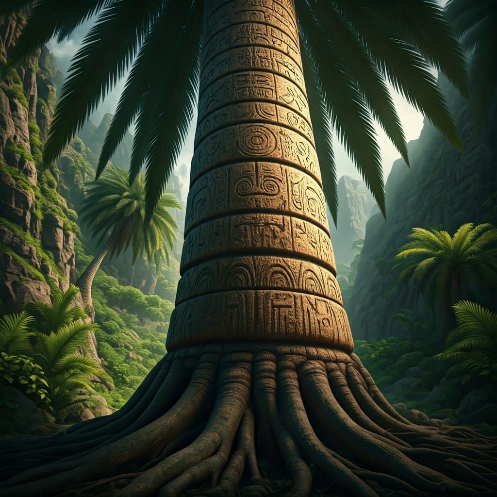 A giant palm tree covered in tribal totem carvings in a sacr...