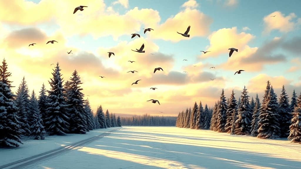 by Peter Doig:: a winter landscape::  birds in flight:: panorama:: late afternoon::