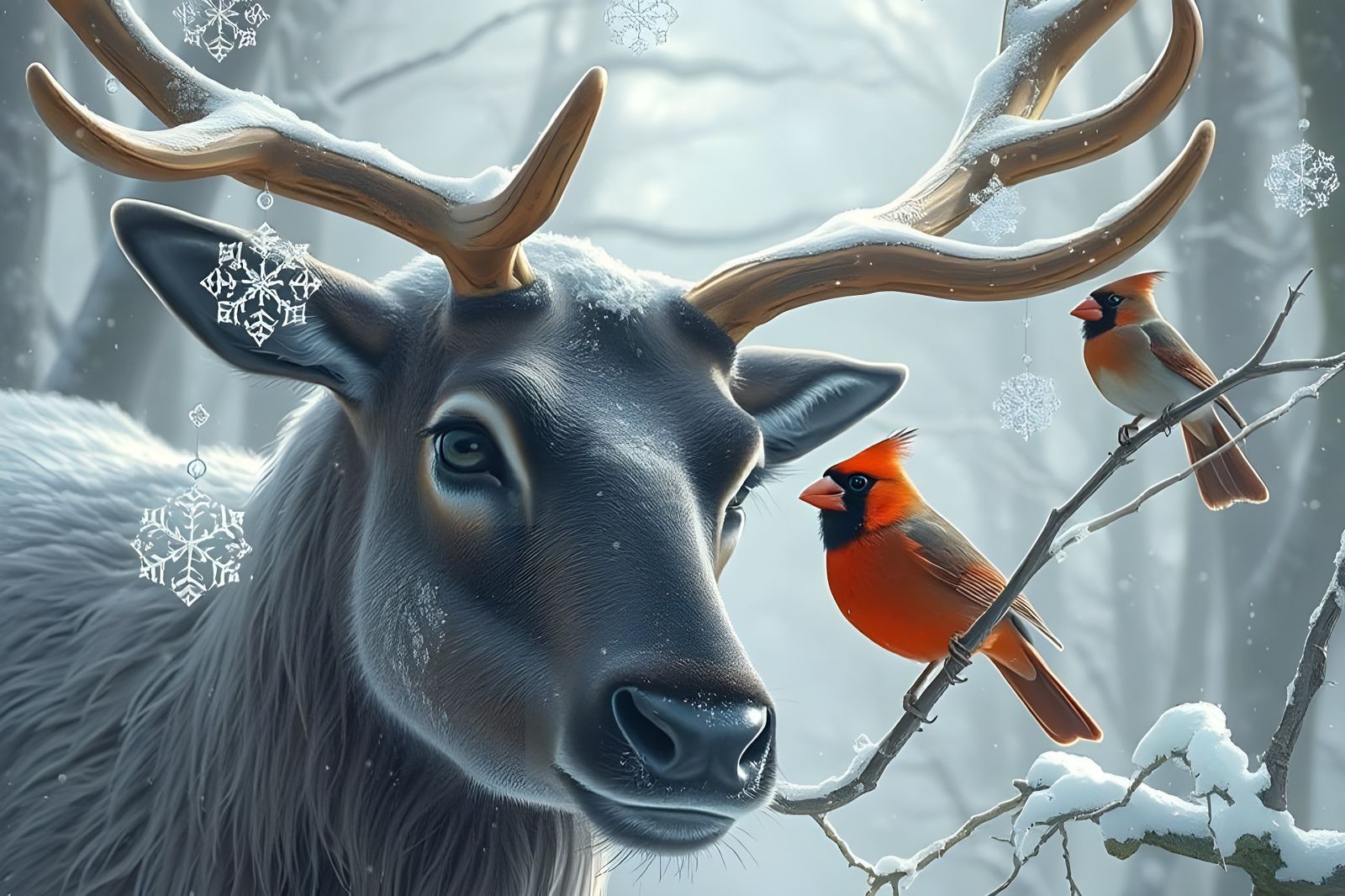 Reindeer and Cardinal in Snowy Winter Forest
