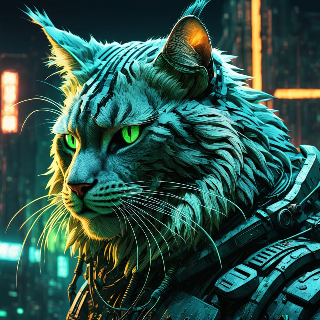 Cyborg and Maine Coon Cat in Post-Apocalyptic Wasteland