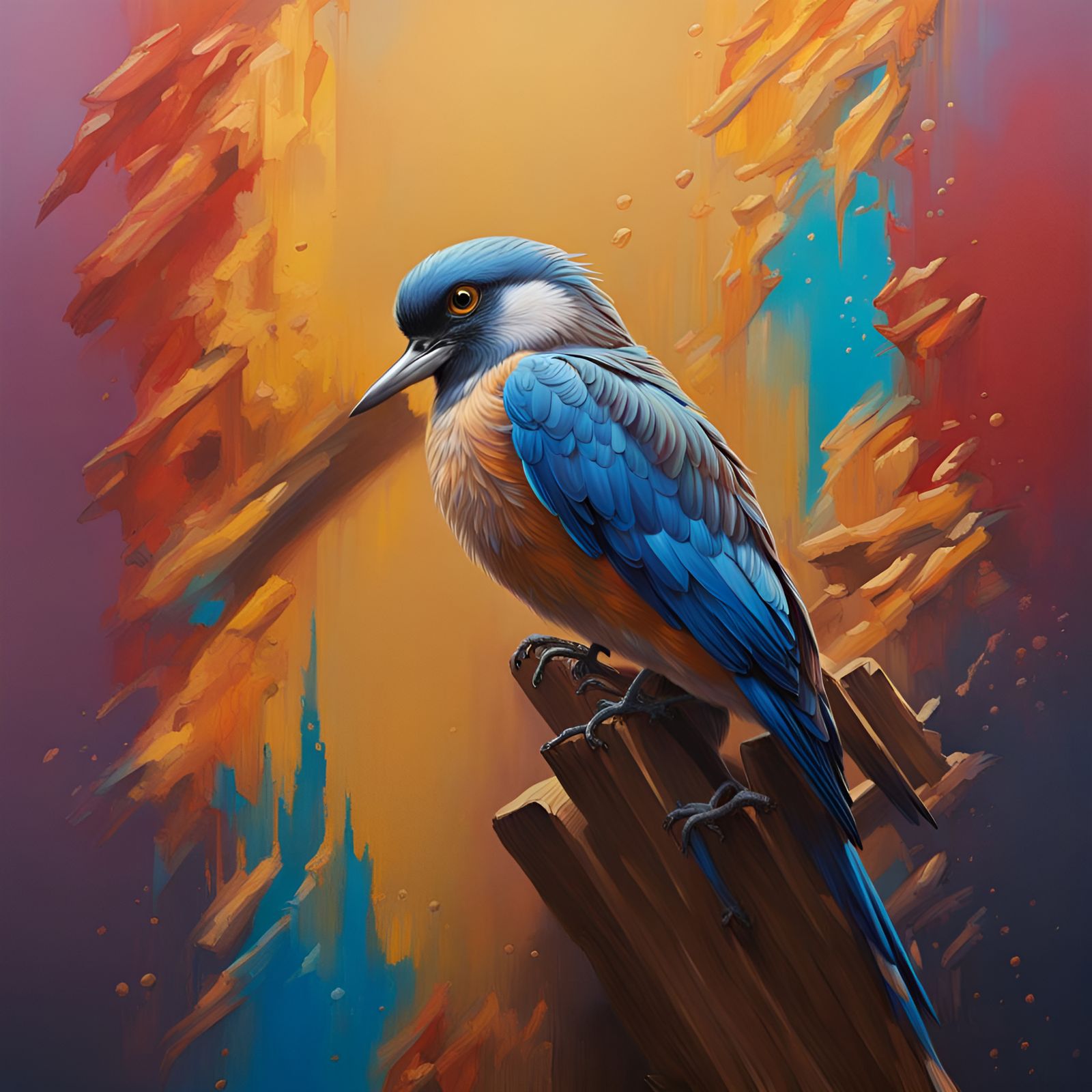 Bird Painting the Mona Lisa in Hyperrealistic Splash Art