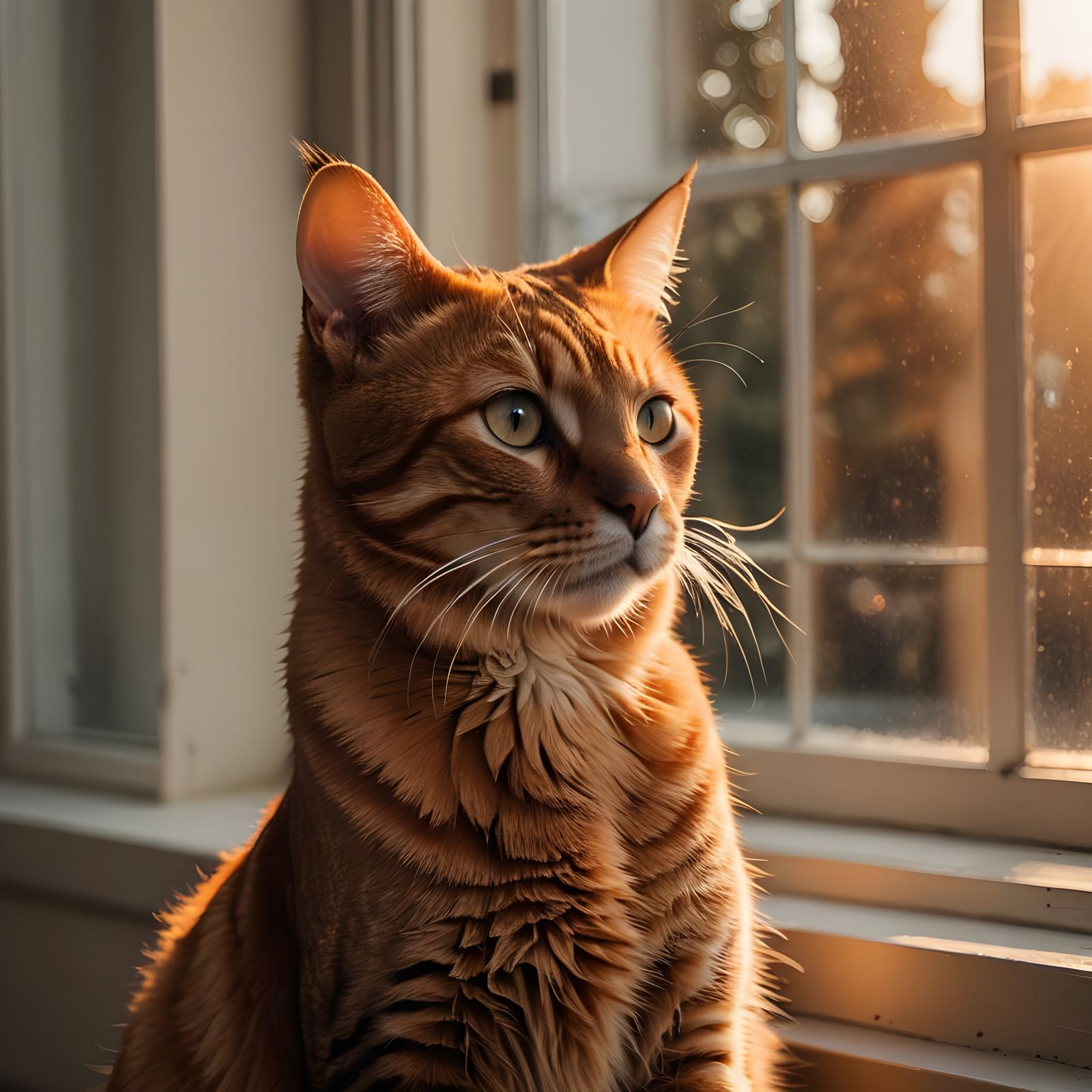 Bengal Cat Watching Sunrise: Cinematic Film Still
