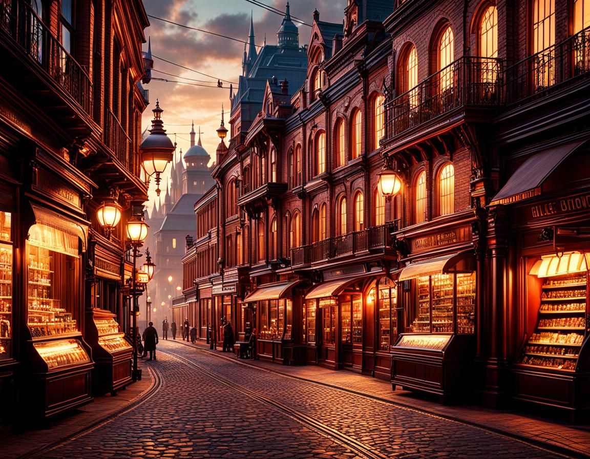 Steampunk Victorian City Street at Magic Hour