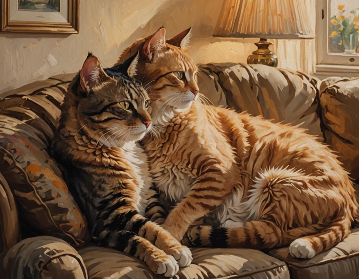 Cats Cuddling on Couch in Impressionist Oil Painting
