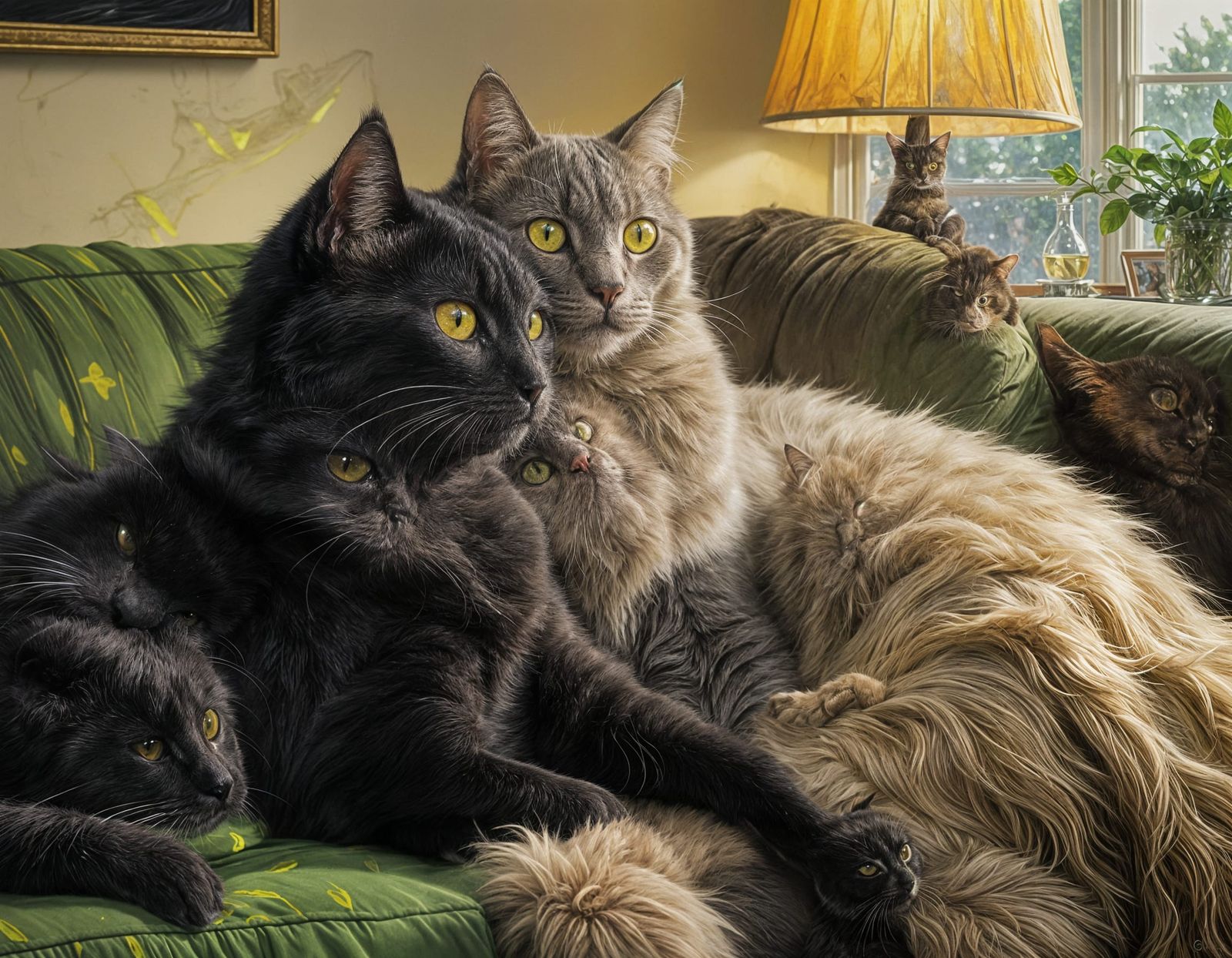 Cats Cuddling on Couch in Oil Painting Style