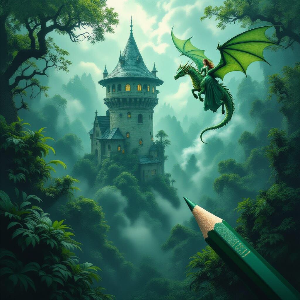 Fantasy Sorceress on Dragon Above Forest Tower