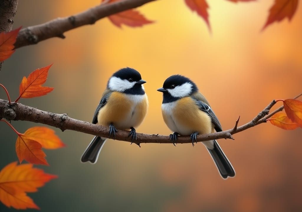 Fall arrives, two chickadees on an oak tree branch.