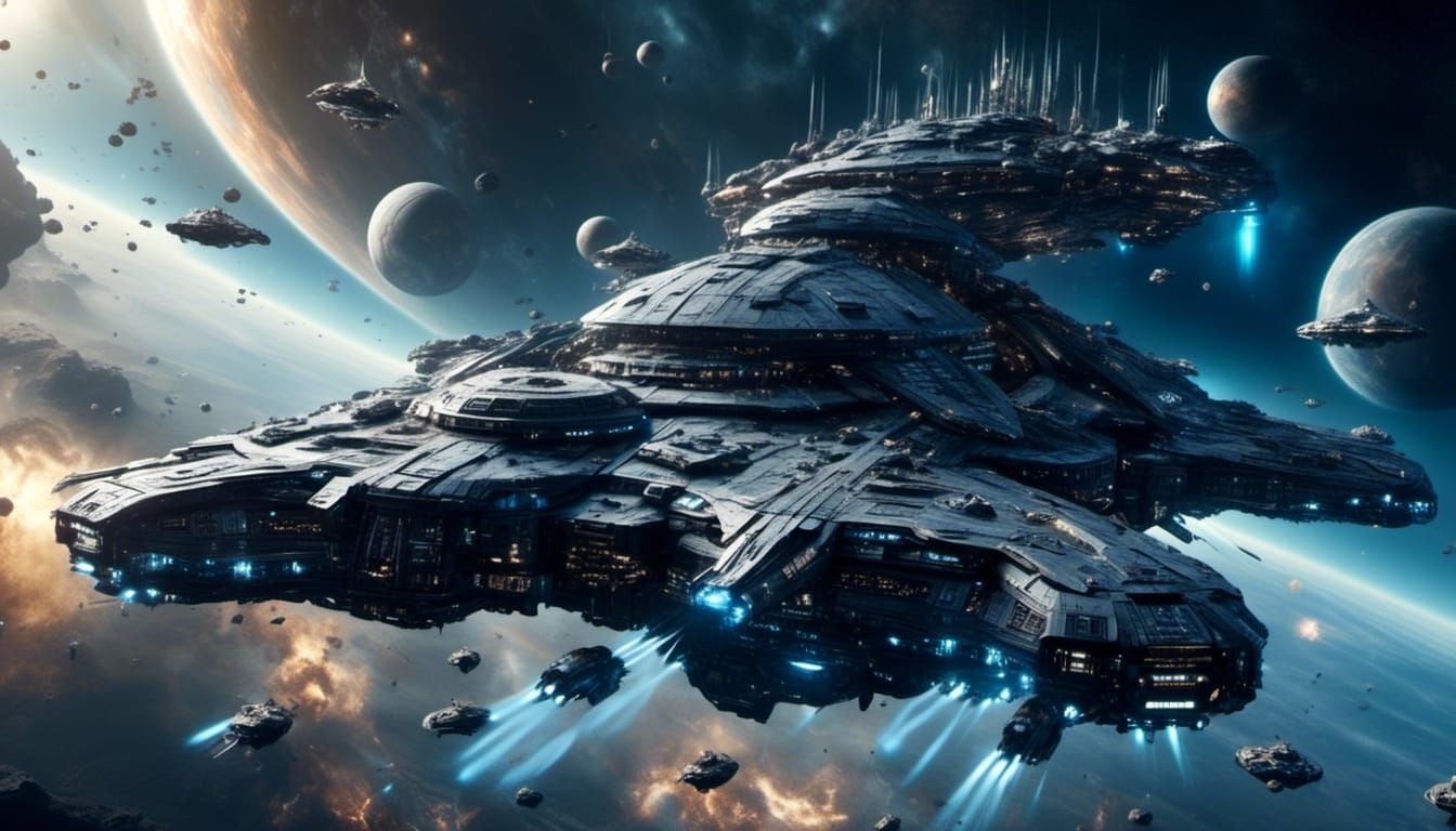 Capital Spaceship Dominates Space with Fighter Escort