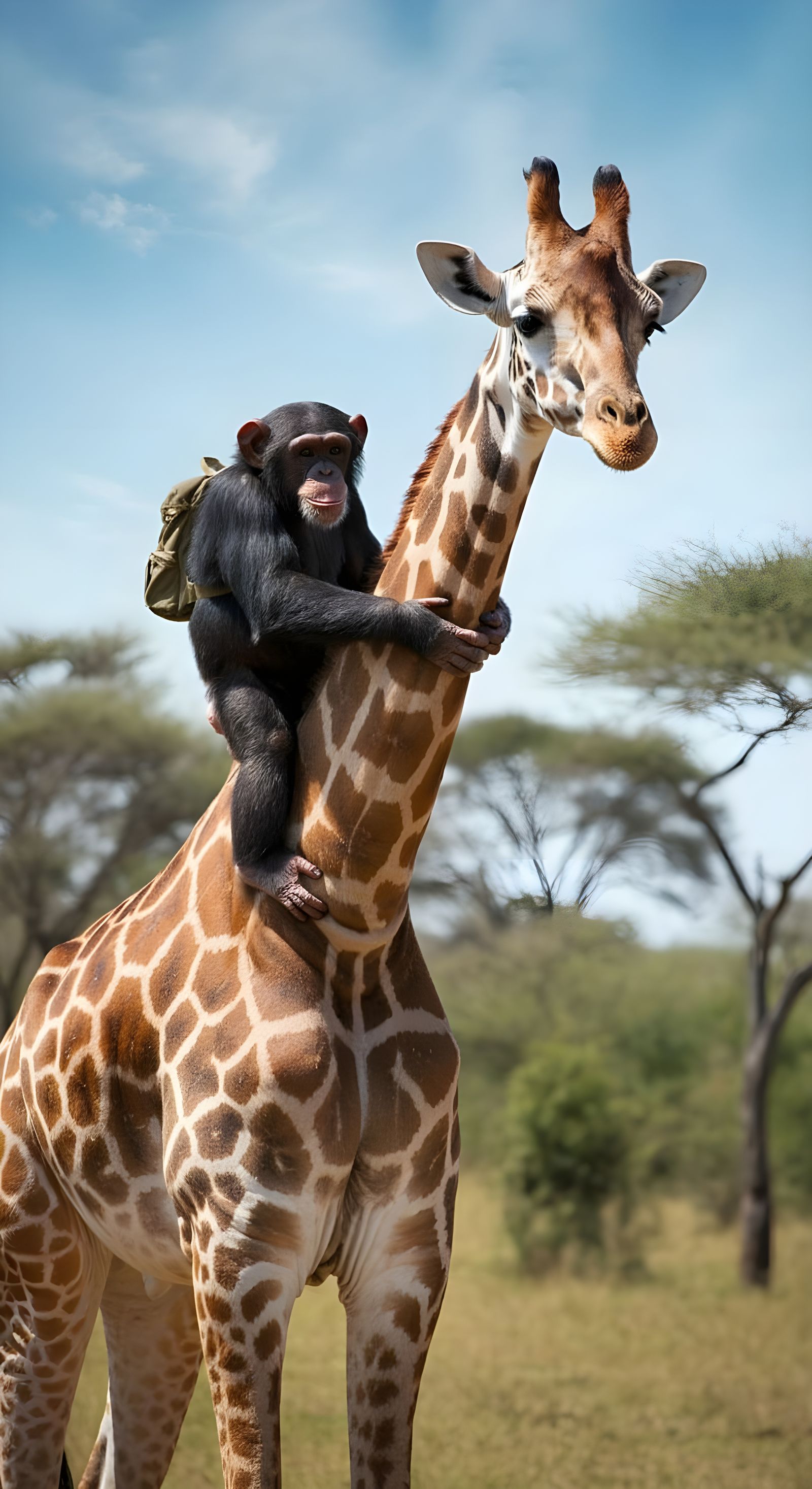 Chimpanzee Exploring the Savannah on a Giraffe's Back