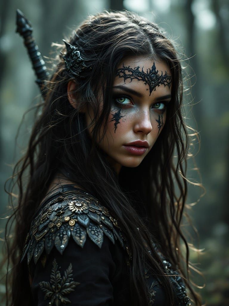 Mysterious Female Warrior in Dark, Dramatic Landscape