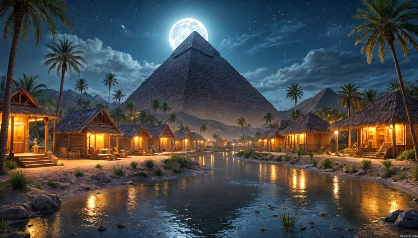 Egyptian Pyramid Settlement at Night: Hyperrealistic CGI