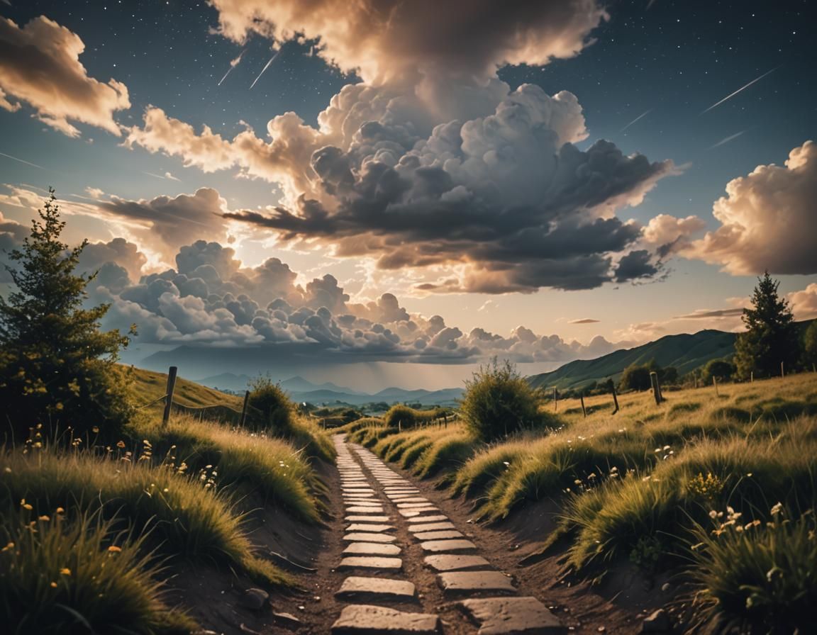 Dreamy Night Footpath with Heavenly Light