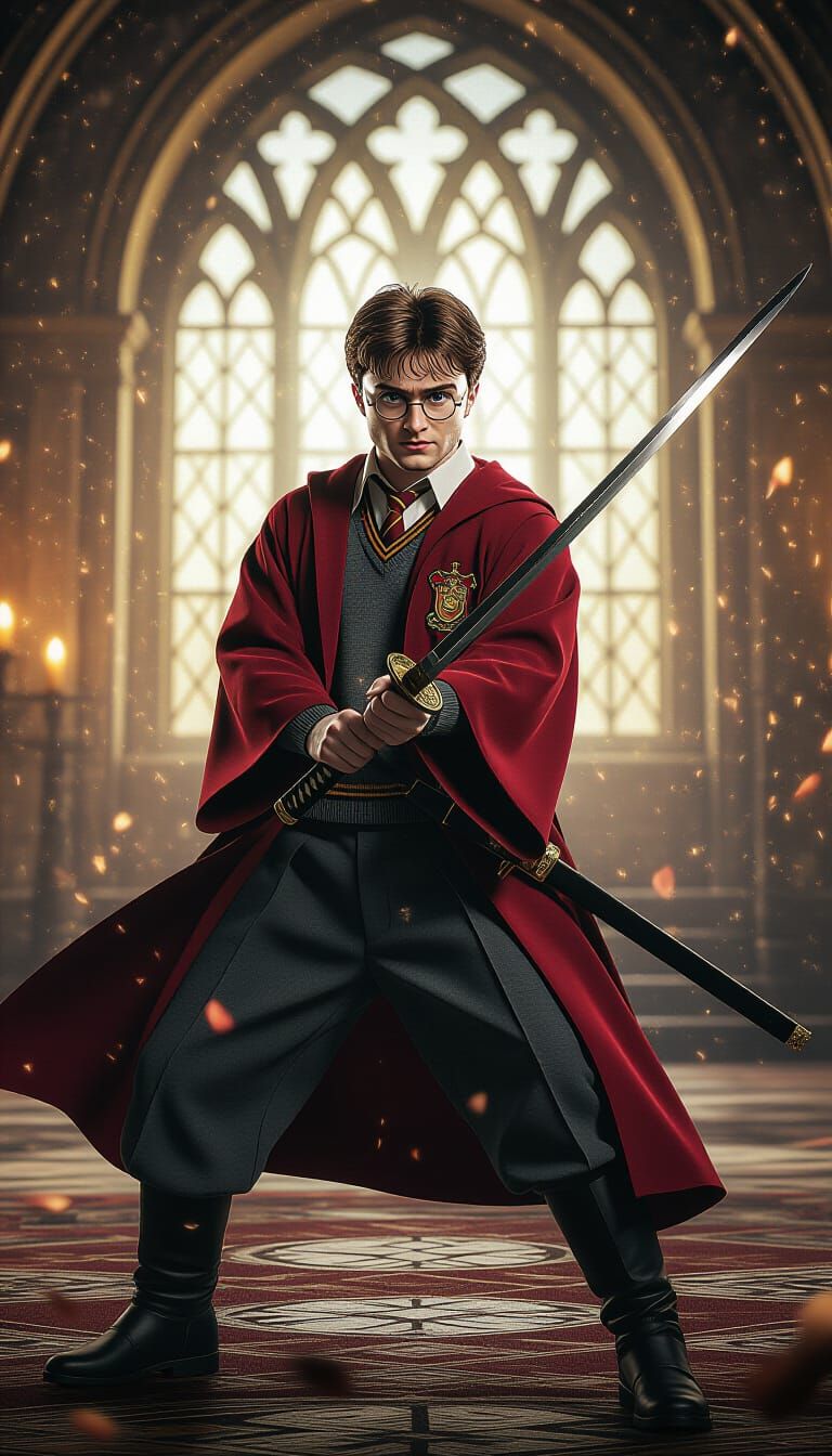 Harry Potter Wields Katana with Cinematic Lighting