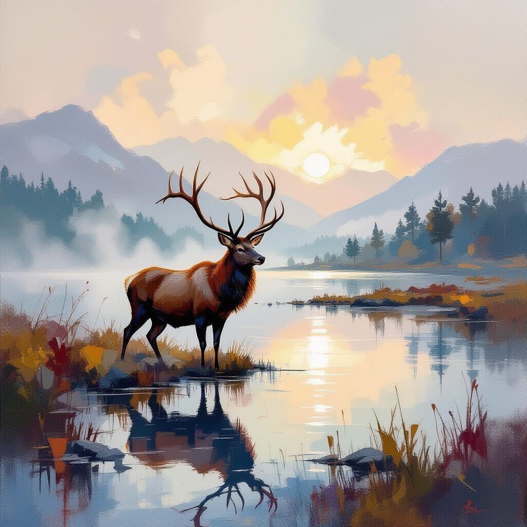 Stag in Misty Loch: Neo-Impressionist Oil Painting
