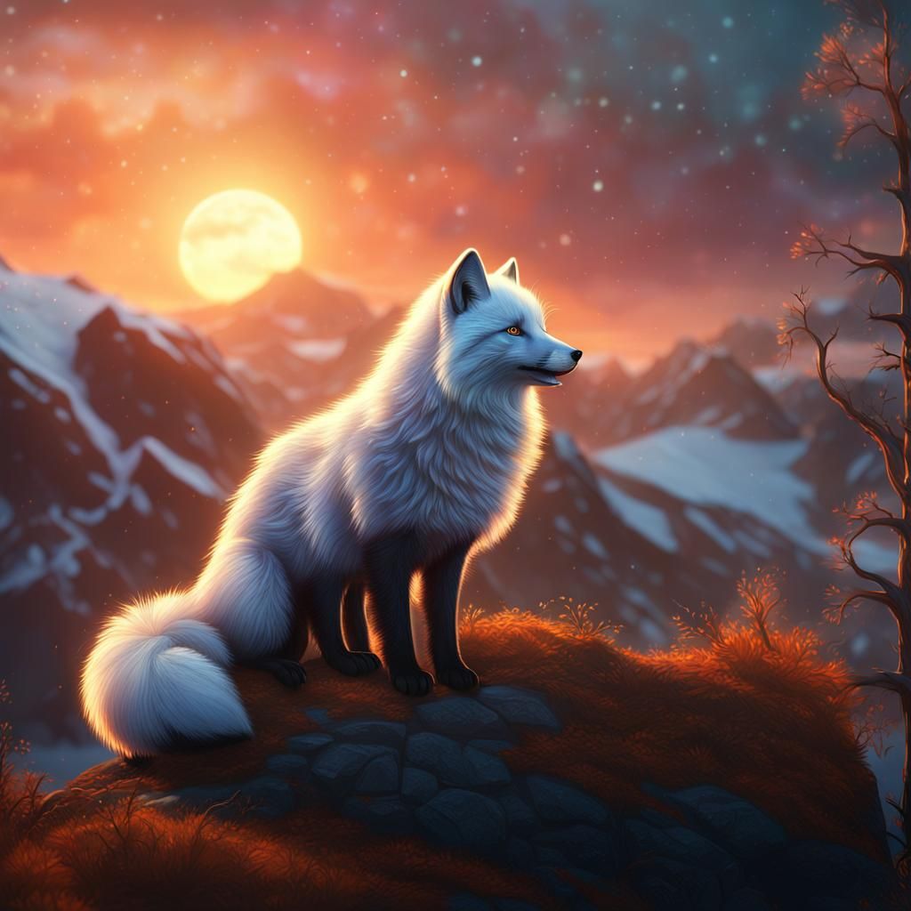 Arctic Fox Howling at Sunset: Detailed Matte Painting