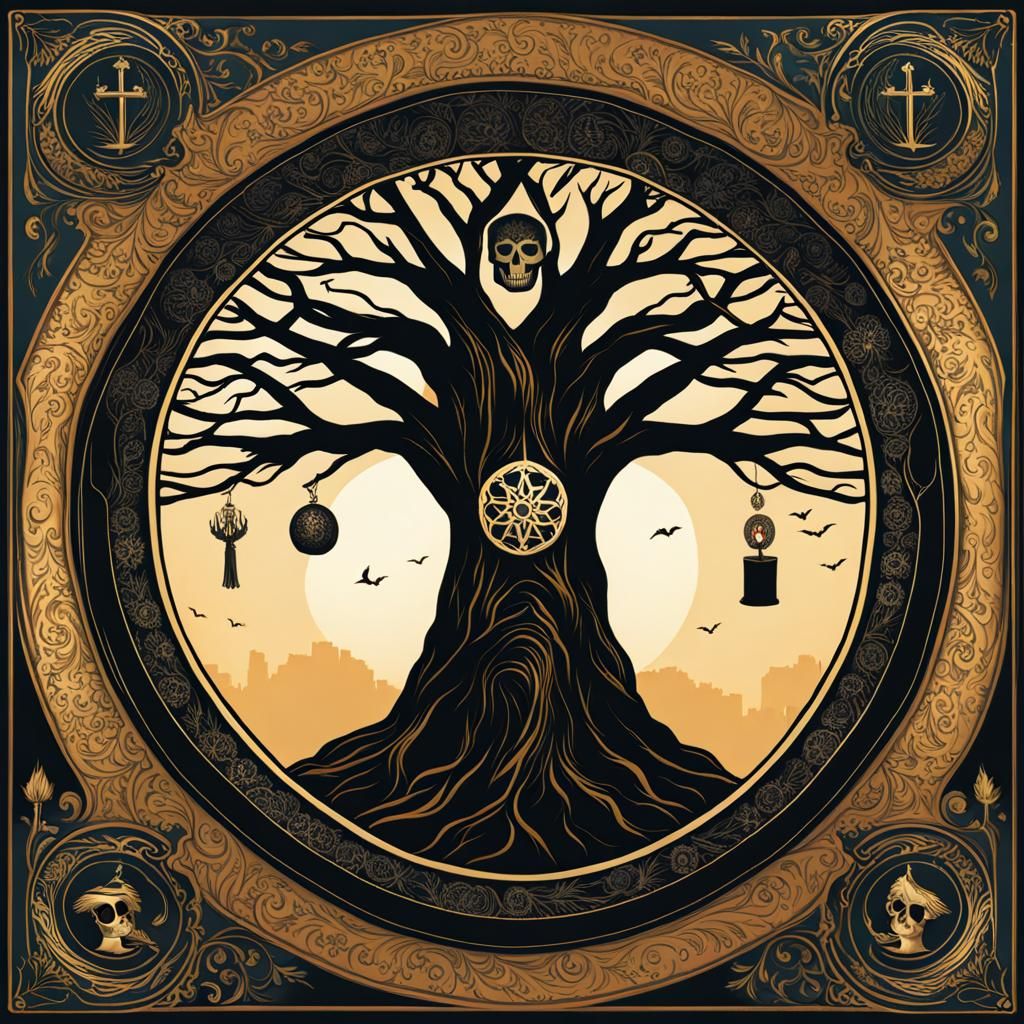 Santa Muerte Tree Tarot Card Illustration