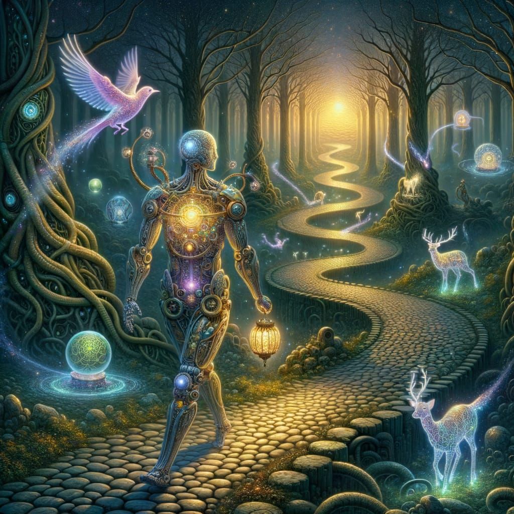 Steampunk Robot in Celestial Forest