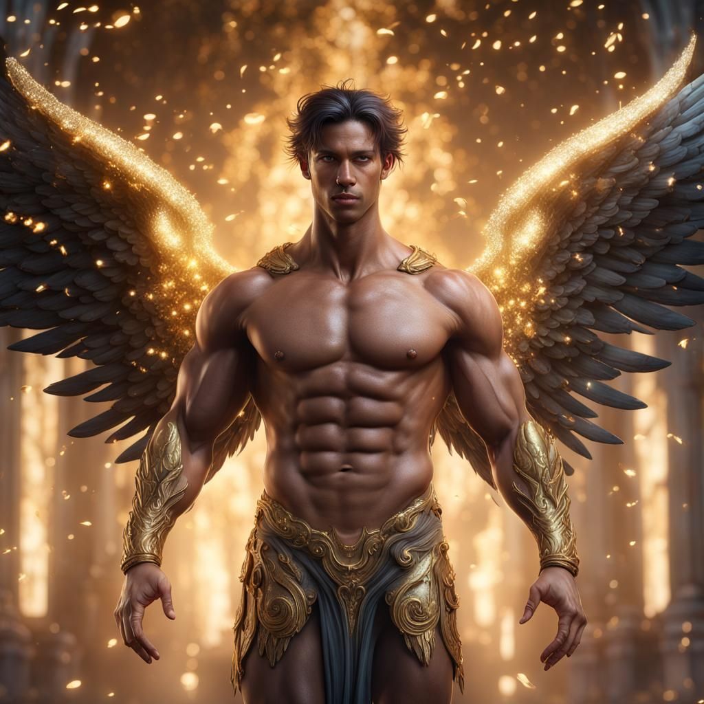 Hyperrealistic Mystical Angel with Golden Sparkles