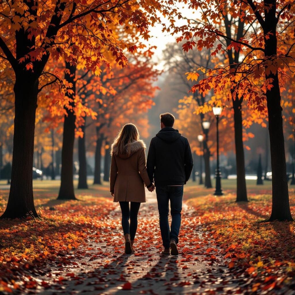 Romantic Autumn Park Stroll in Hyperrealistic Style