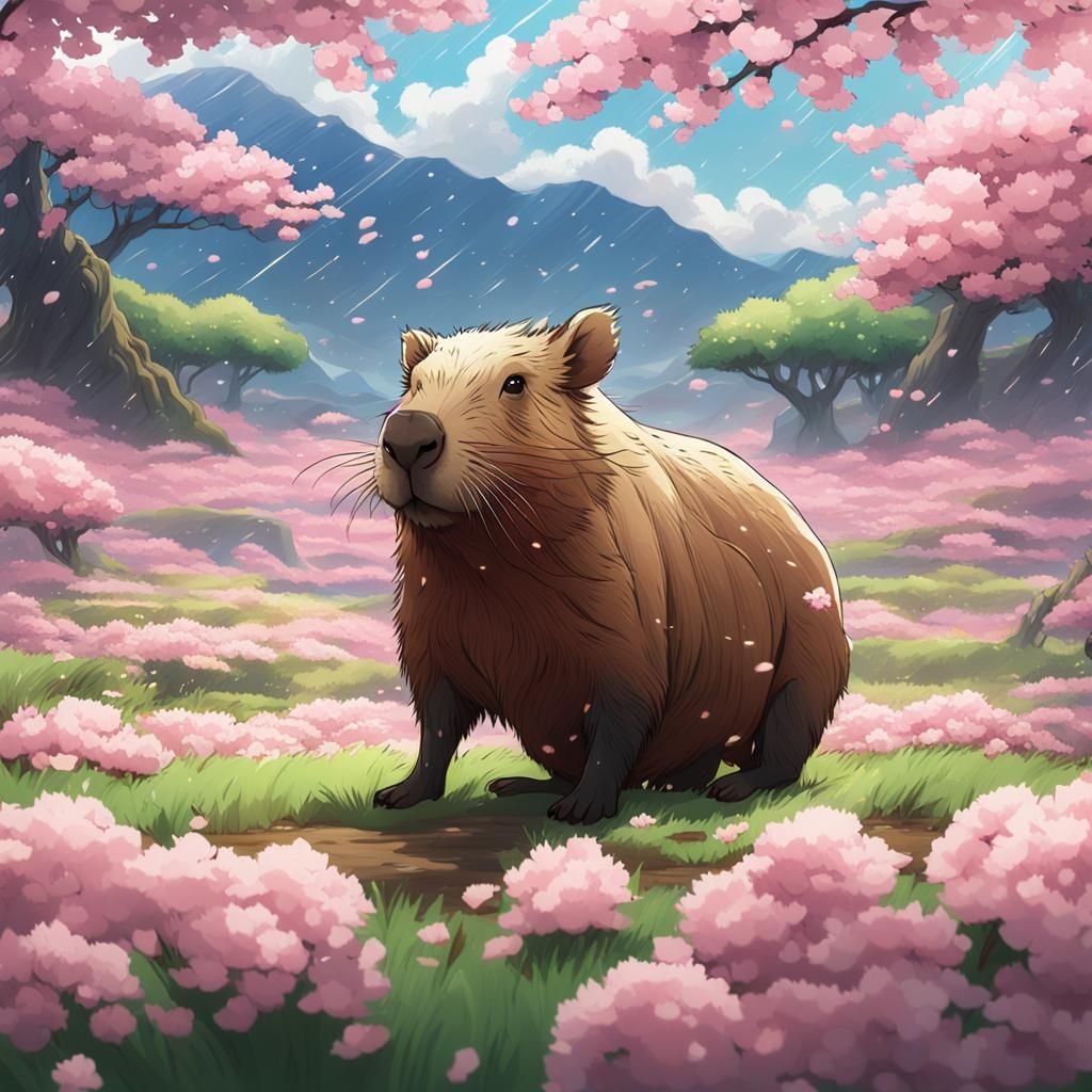 Capybara in Cherry Blossom Field: Anime Key Visual