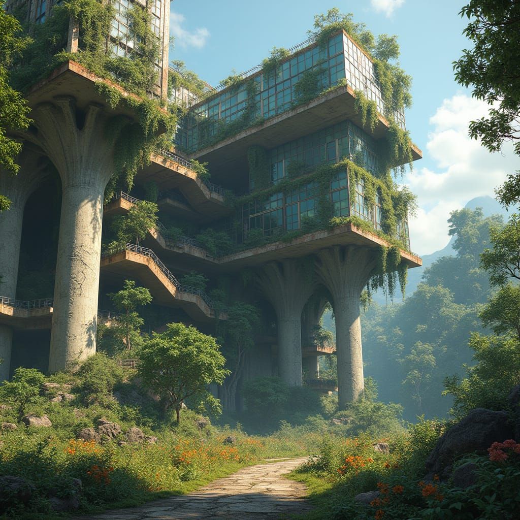 Eco-Brutalist Oasis in Post-Apocalyptic Fallout 4 Landscape